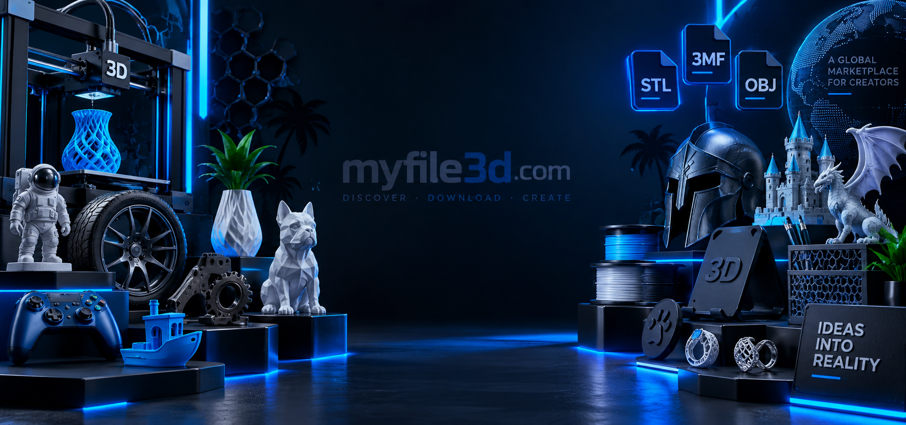 3D printer and a collection of printed models, including a vase, astronaut, dragon and miniature boat